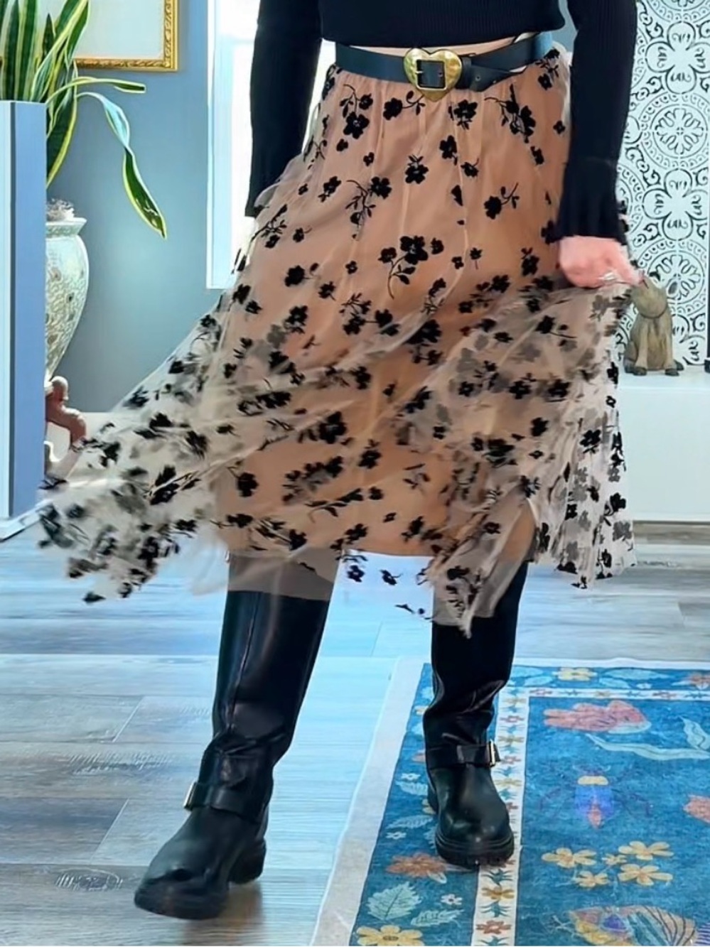 Chicwish Black Floral Midi Skirt with Beige Sheer Overlay